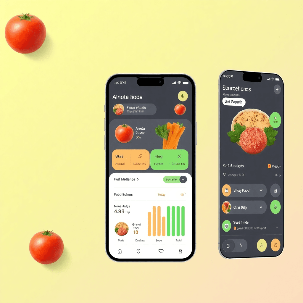 smartphone app interface showing food analysis with nutritional breakdown and AI chat feature, modern clean UI design