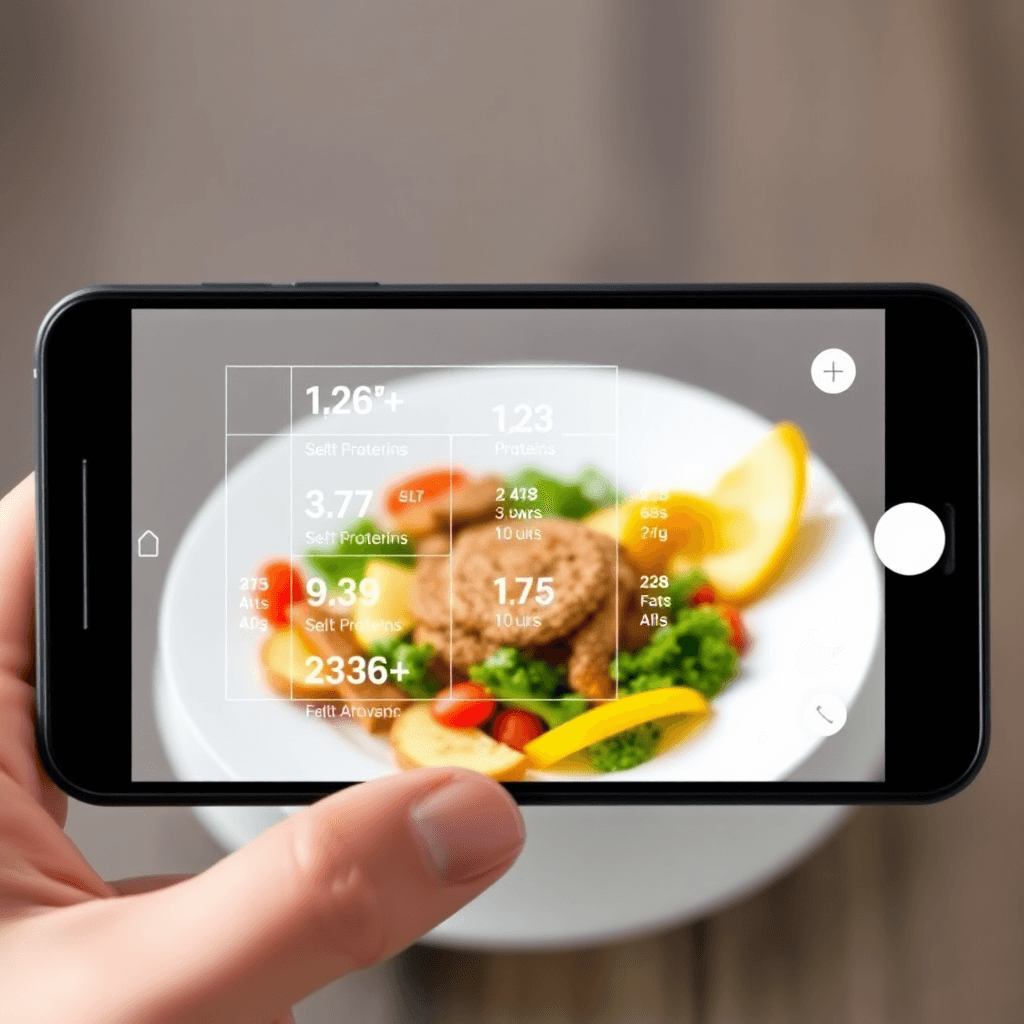 smartphone app scanning food plate with AI nutritional analysis overlay showing calories, proteins, fats, carbs in a modern clean design